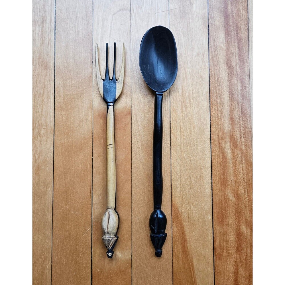 Handcarved Ebony and Ivory Wooden Hut Salad Servers from Mali